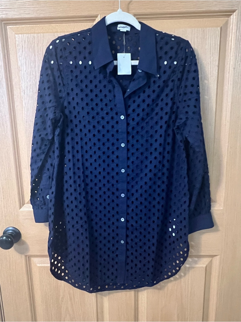 J. Crew Oversized Navy Eyelet Button-Down Swim Coverup